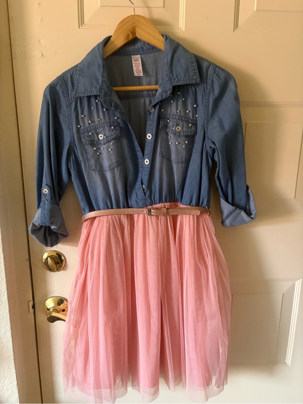 Justice Blue Denim Top with Pink Tulle Skirt Dress